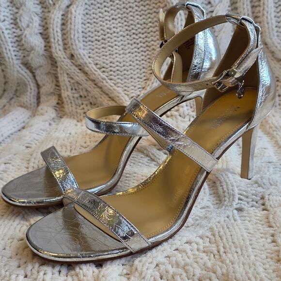 Michael Kors Women Koda Leather Logo Strappy High Heel Sandals Size 7M Silver - Picture 2 of 8
